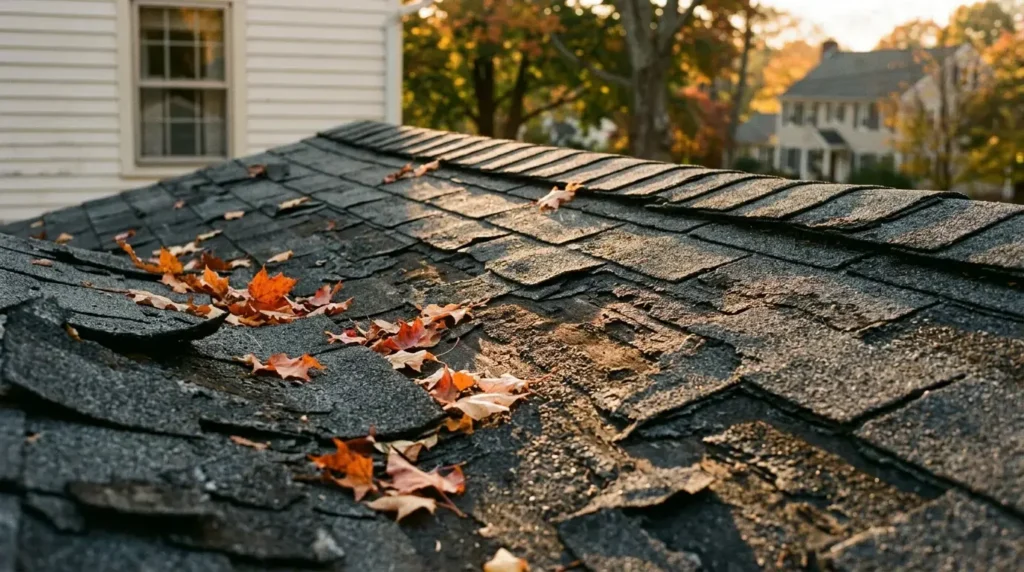 Aging asphalt shingle roof on a Connecticut home showing signs of end of lifespan