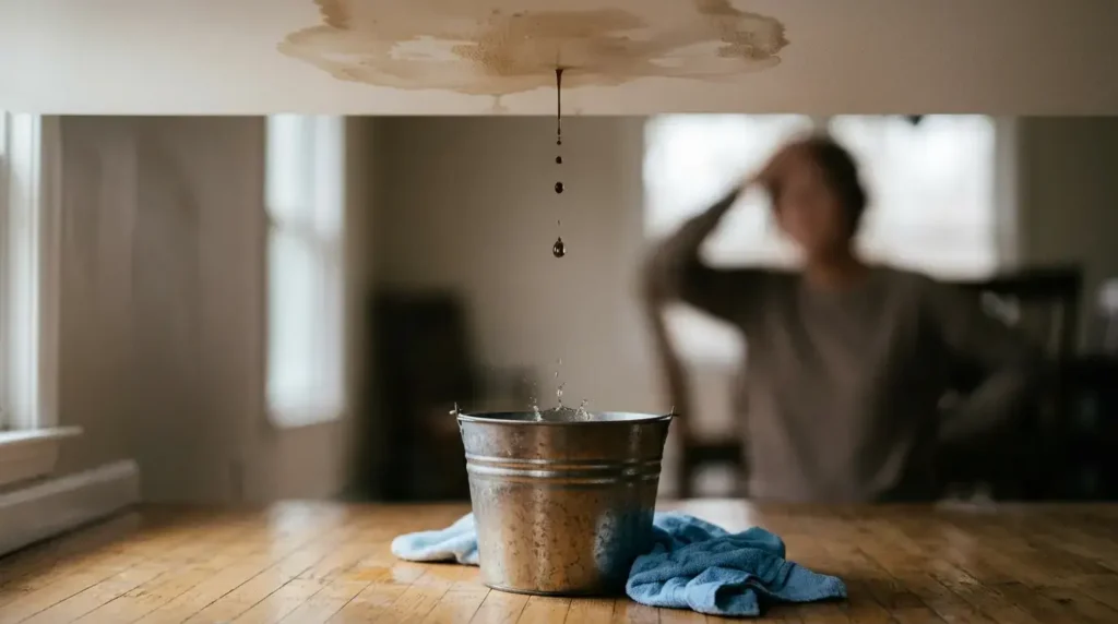 Water damage on a Connecticut ceiling from a roof leak